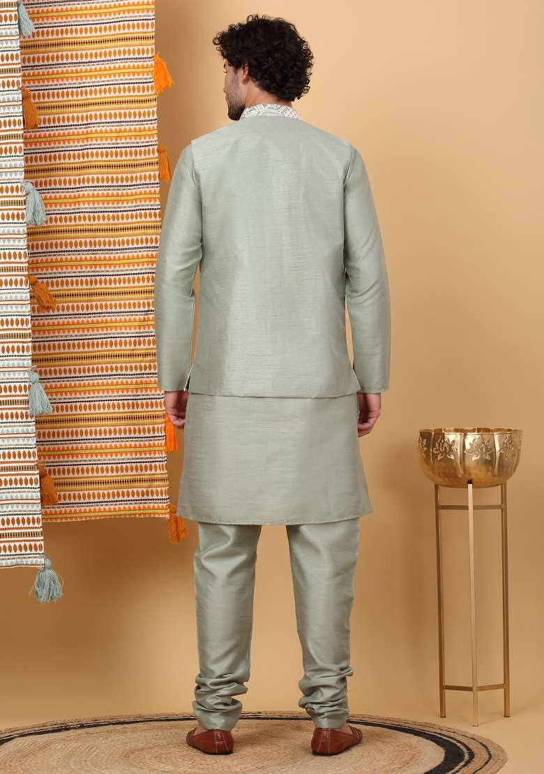 Olive Green Embroidered Silk Blend Nehru Jacket Set For Men - Indya