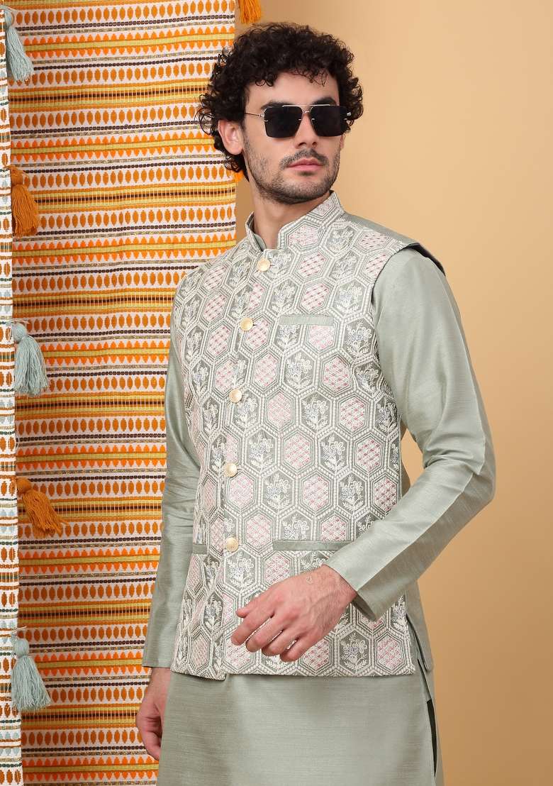 Olive Green Embroidered Silk Blend Nehru Jacket Set For Men - Indya