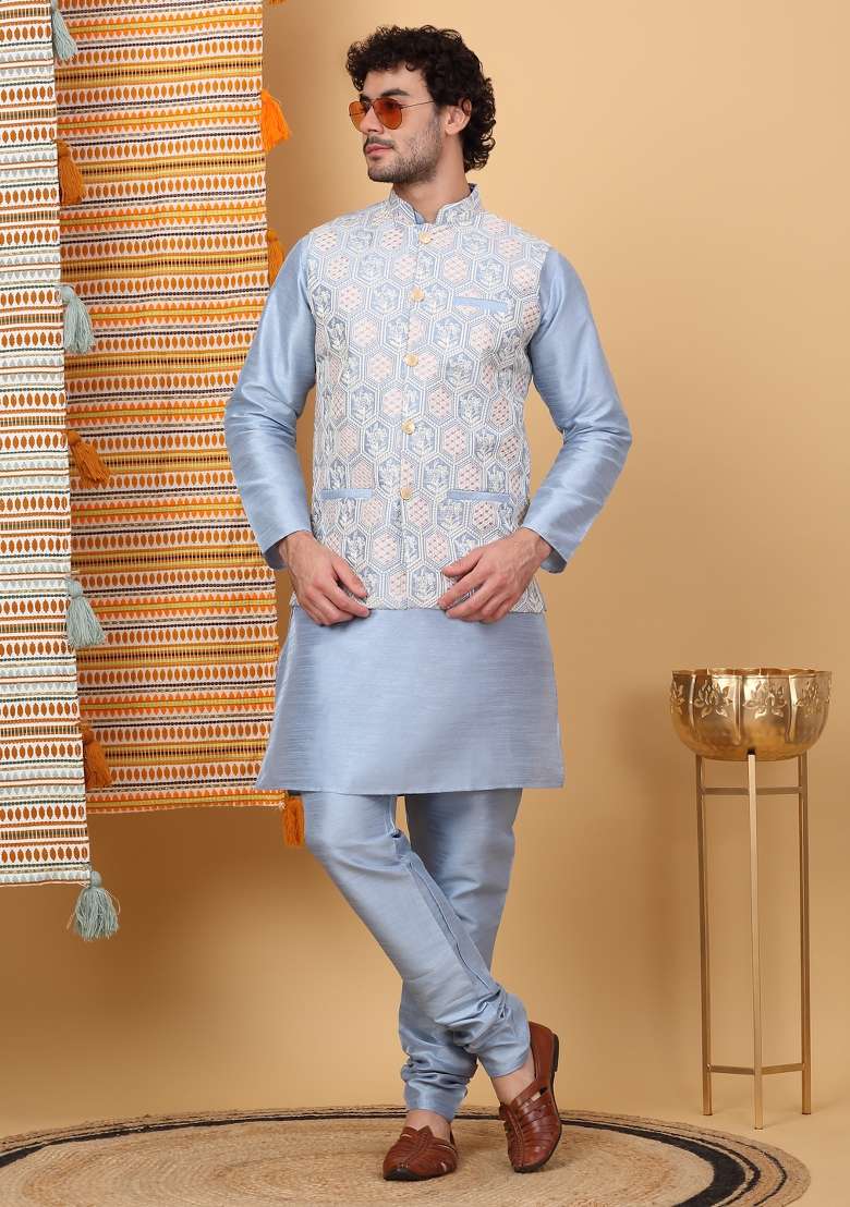 Sky Blue Embroidered Silk Blend Nehru Jacket Set For Men - Indya