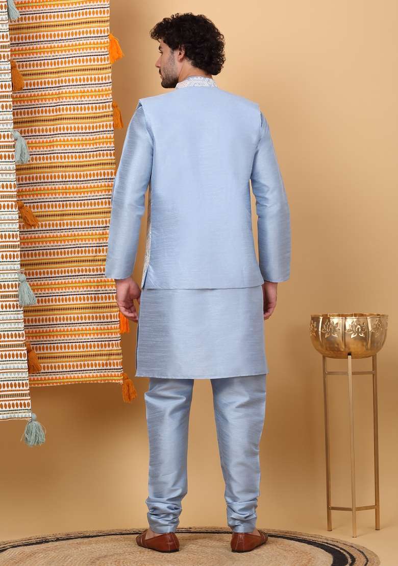 Sky Blue Embroidered Silk Blend Nehru Jacket Set For Men - Indya