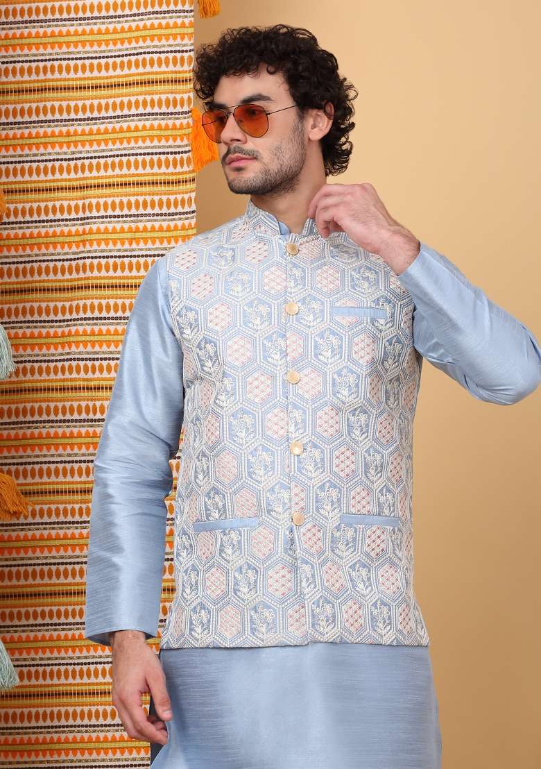 Sky Blue Embroidered Silk Blend Nehru Jacket Set For Men - Indya