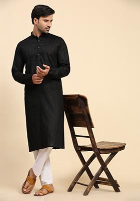 Black Embroidered Pure Cotton Kurta For Men