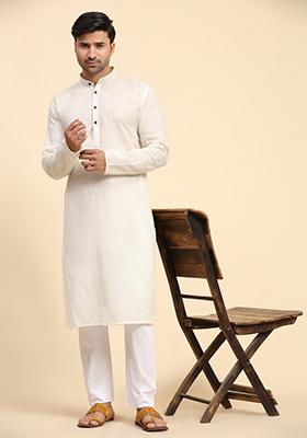 Off White Embroidered Pure Cotton Kurta For Men