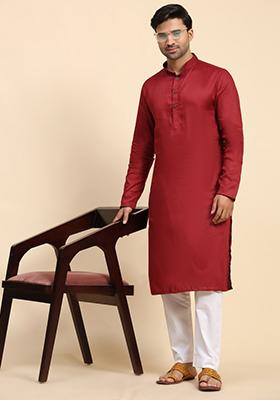 Maroon Embroidered Pure Cotton Kurta For Men