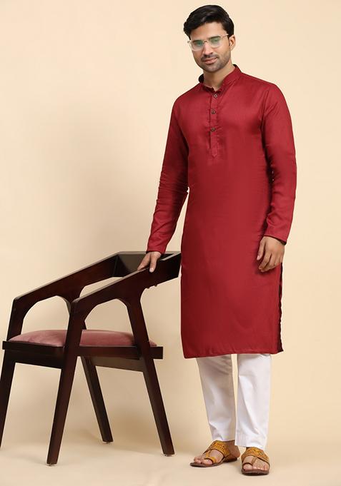 Maroon Embroidered Pure Cotton Kurta For Men