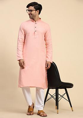 Baby Pink Embroidered Pure Cotton Kurta For Men