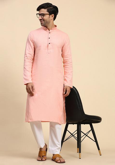 Baby Pink Embroidered Pure Cotton Kurta For Men