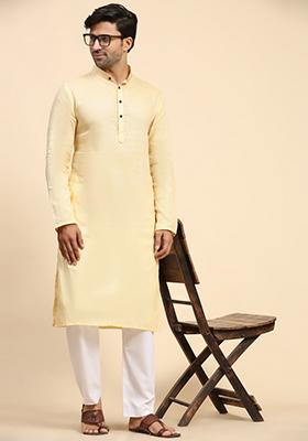 Creamish  Yellow Embroidered Pure Cotton Kurta For Men
