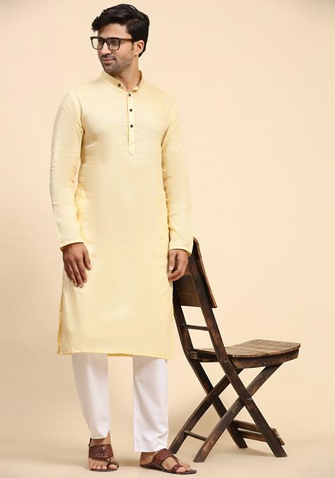 Creamish  Yellow Embroidered Pure Cotton Kurta For Men
