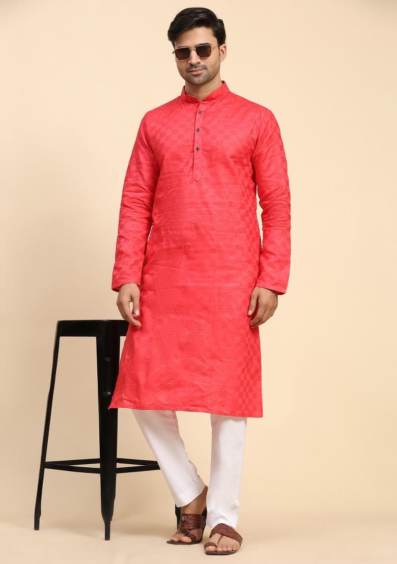 Pinkish Red Embroidered Pure Cotton Kurta For Men