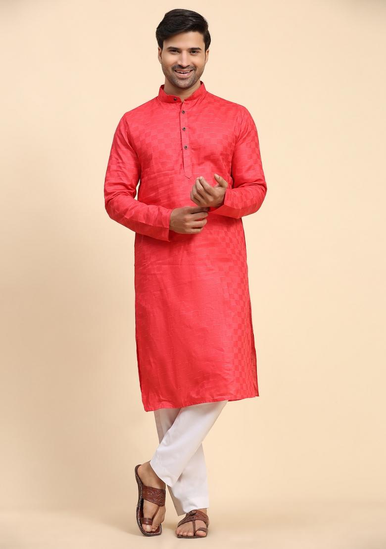 Pinkish Red Embroidered Pure Cotton Kurta For Men