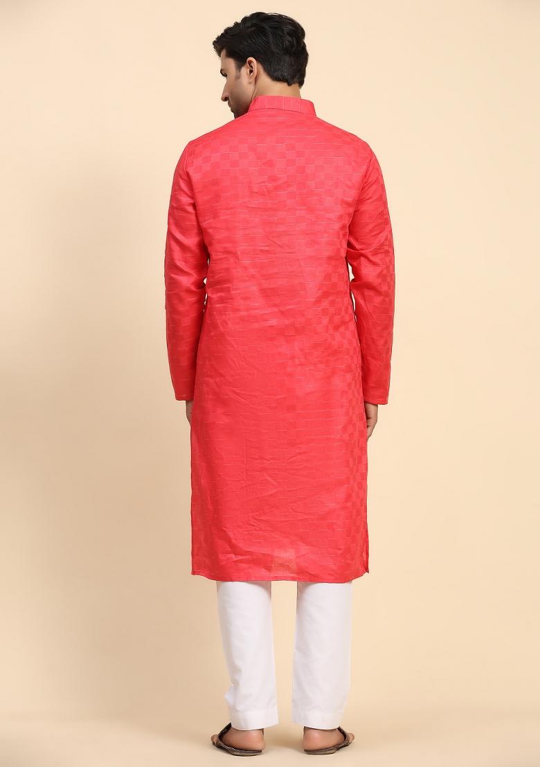 Pinkish Red Embroidered Pure Cotton Kurta For Men