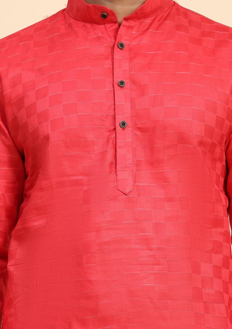 Pinkish Red Embroidered Pure Cotton Kurta For Men