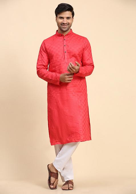 Pinkish Red Embroidered Pure Cotton Kurta For Men