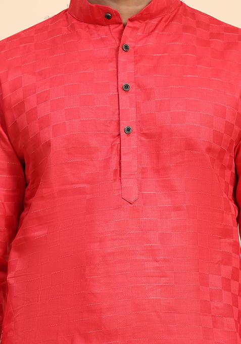 Pinkish Red Embroidered Pure Cotton Kurta For Men