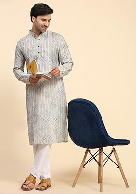 Grey Digital Printed Rado Cotton Kurta For Men