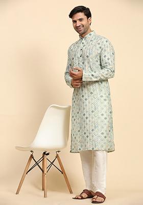 Light Green Digital Printed Rado Cotton Kurta For Men