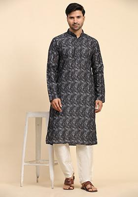 Black Digital Printed Rado Cotton Kurta For Men