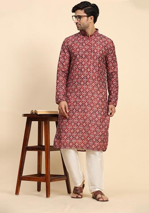 Red Digital Printed Rado Cotton Kurta For Men