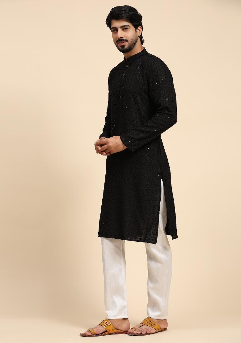 Black Embroidered Rayon Cotton Kurta For Men - Indya