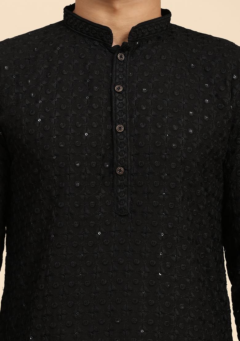 Black Embroidered Rayon Cotton Kurta For Men - Indya