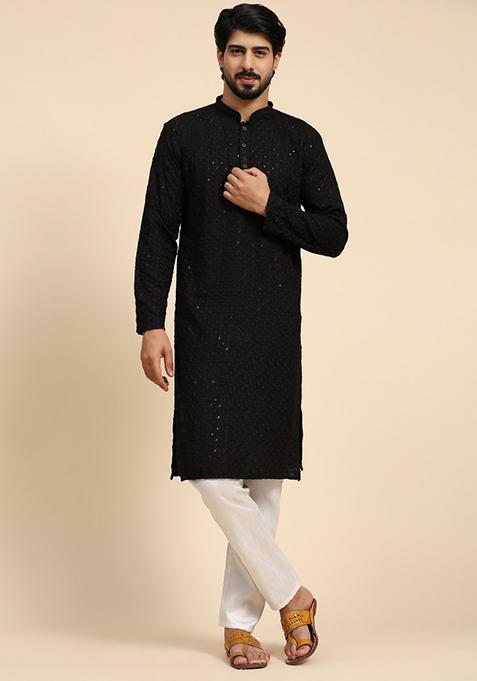Black Embroidered Rayon Cotton Kurta For Men