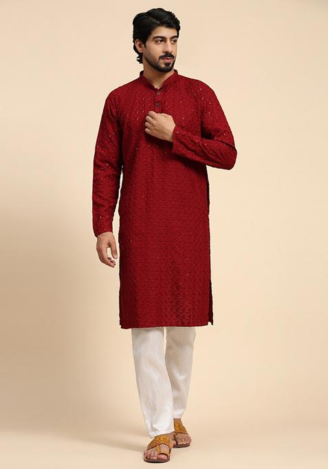 Maroon Embroidered Rayon Cotton Kurta For Men