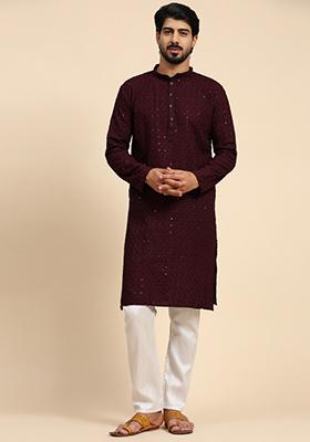 Wine Embroidered Rayon Cotton Kurta For Men