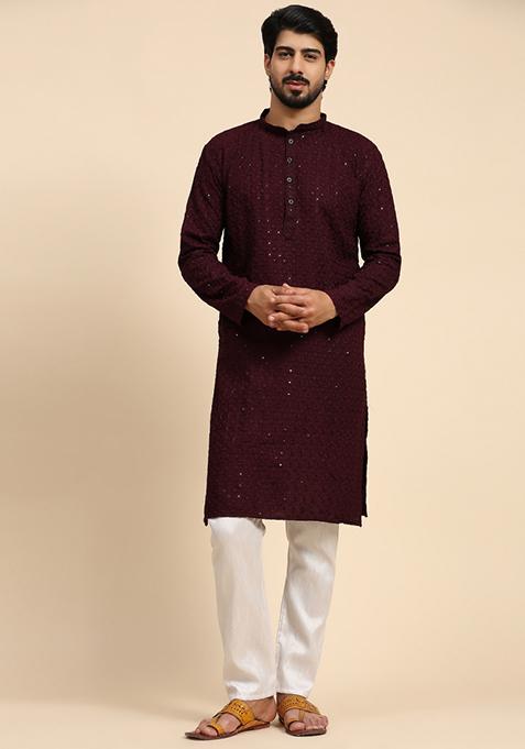 Wine Embroidered Rayon Cotton Kurta For Men