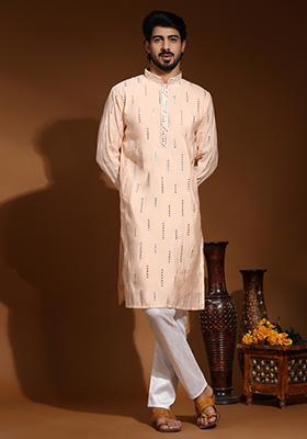 Baby Pink Embroidered Pure Silk Kurta For Men