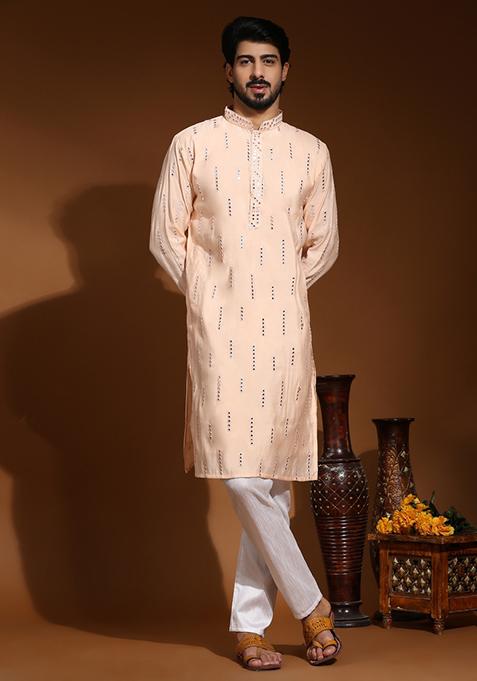 Baby Pink Embroidered Pure Silk Kurta For Men