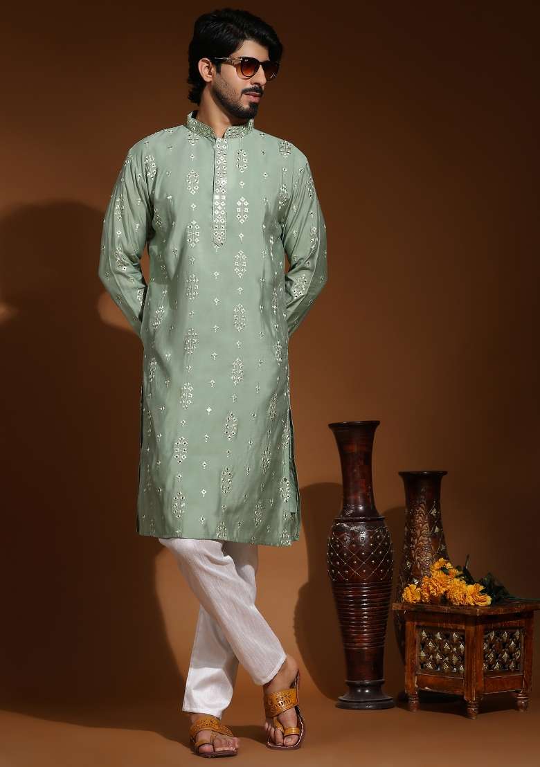 Pastel Green Embroidered Pure Silk Blend Kurta For Men - Indya