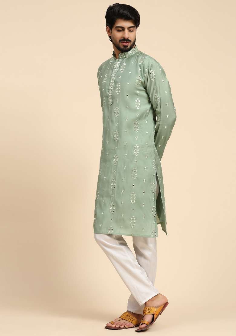 Pastel Green Embroidered Pure Silk Blend Kurta For Men - Indya