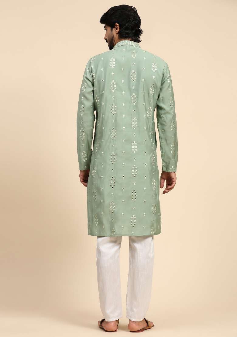 Pastel Green Embroidered Pure Silk Blend Kurta For Men - Indya
