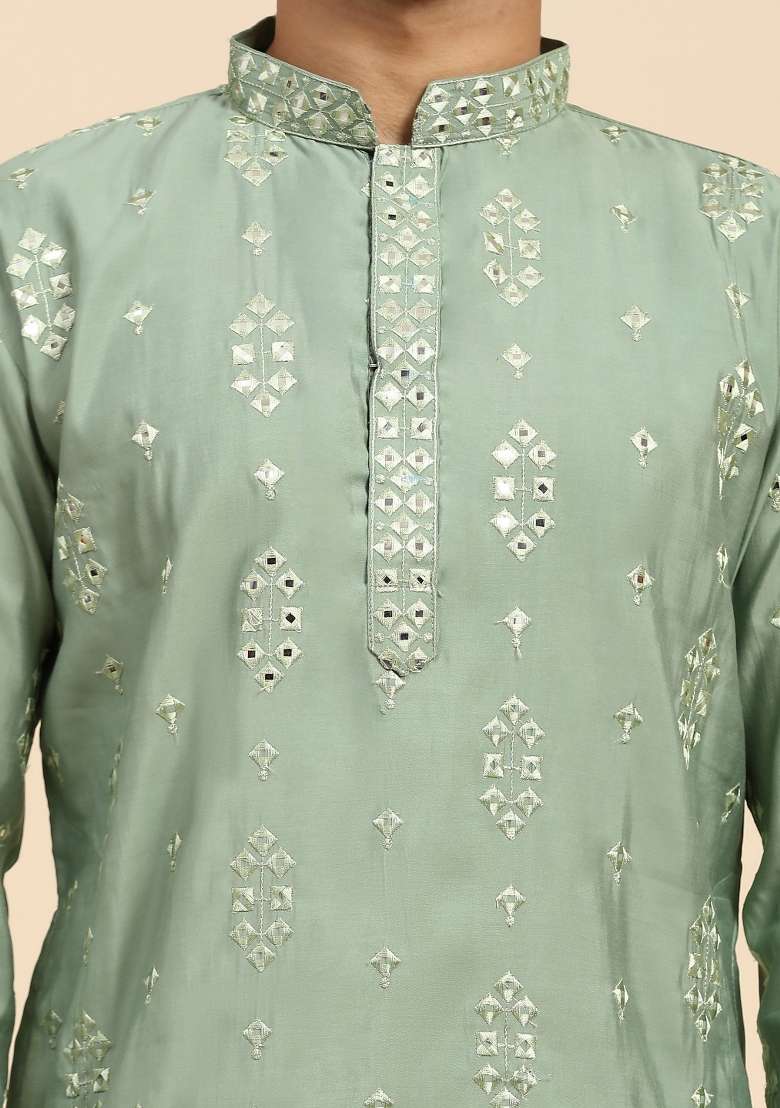 Pastel Green Embroidered Pure Silk Blend Kurta For Men - Indya