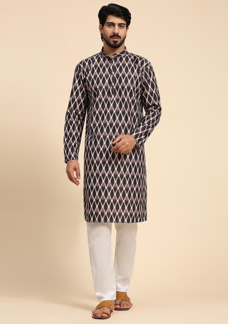 Black Digital Printed Viscose Cotton Kurta For Men