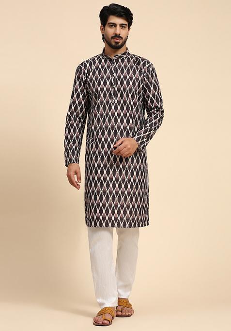 Black Digital Printed Viscose Cotton Kurta For Men