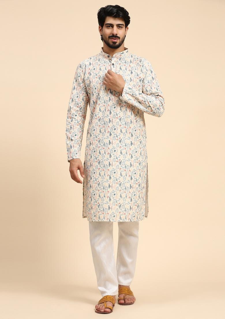 Cream Digital Printed Viscose Cotton Kurta For Men - Indya