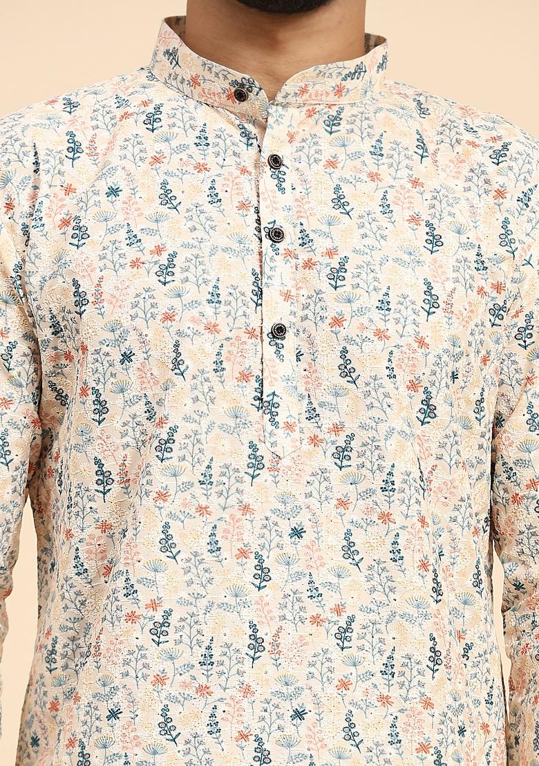 Cream Digital Printed Viscose Cotton Kurta For Men - Indya