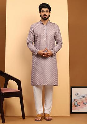 Purple Digital Printed Linen Kurta For Men