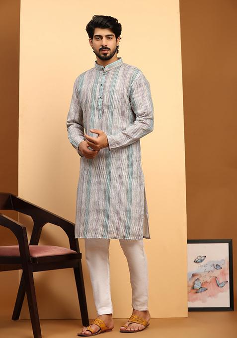 Multi Digital Printed Linen Kurta For Men