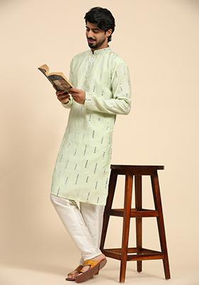 Light Green Embroidered Pure Silk Kurta For Men