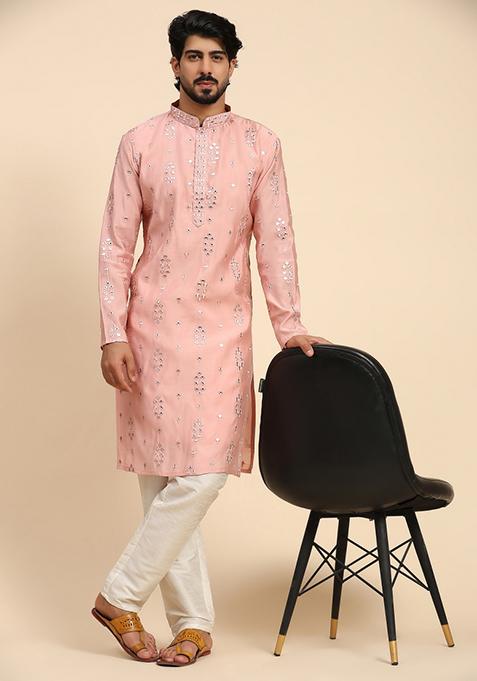 Pink Embroidered Pure Silk Kurta For Men