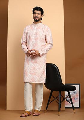 Pink Embroidered Pure Cotton Kurta For Men