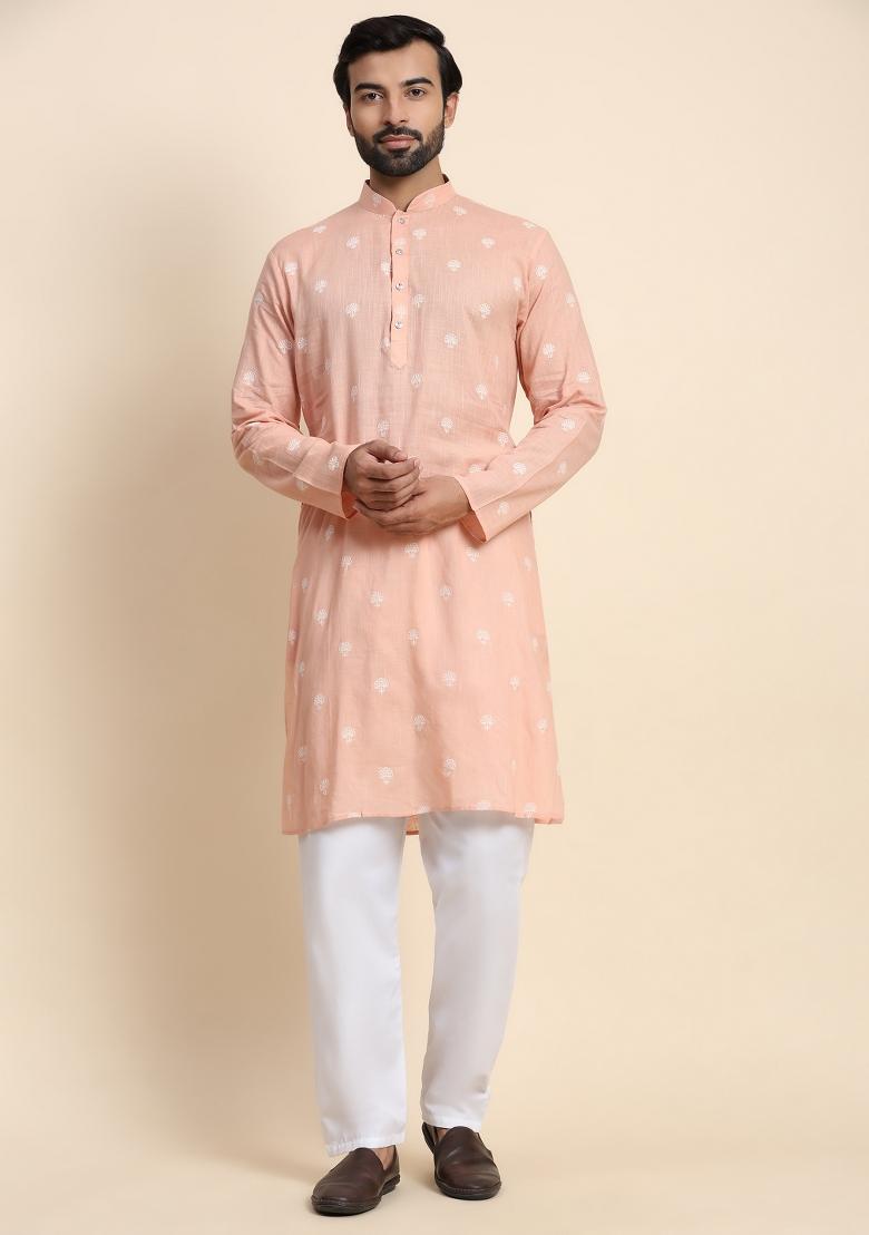 Peach Weaved Motif Pure Cotton Kurta For Men