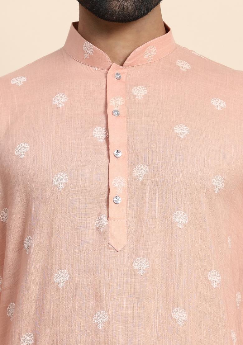 Peach Weaved Motif Pure Cotton Kurta For Men