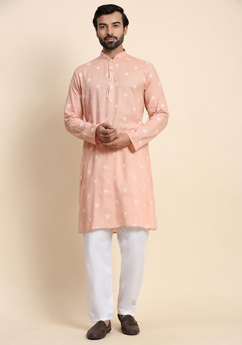 Peach Weaved Motif Pure Cotton Kurta For Men