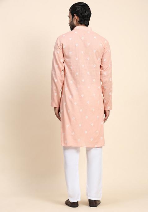 Peach Weaved Motif Pure Cotton Kurta For Men