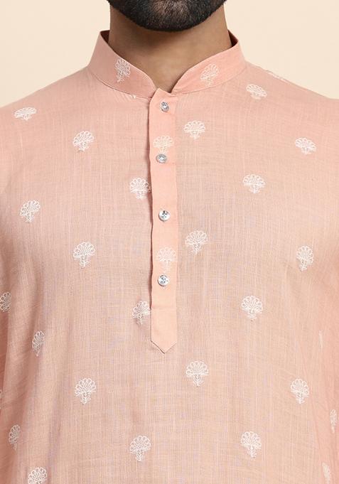 Peach Weaved Motif Pure Cotton Kurta For Men