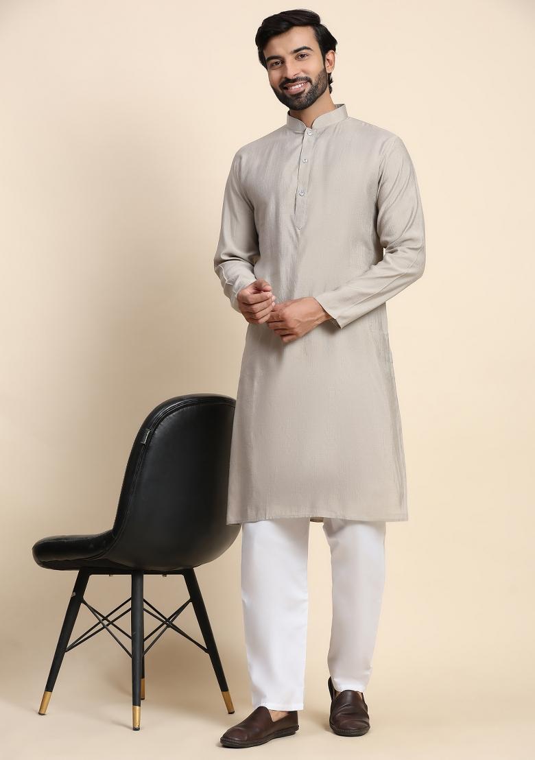 Grey Solid Viscose Rayon Kurta For Men